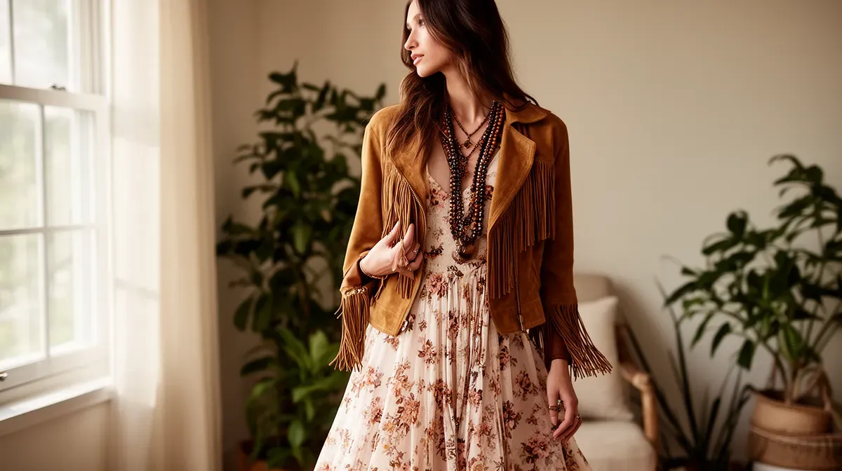 Femme portant une robe longue fleurie et une veste en daim à franges dans un intérieur lumineux
