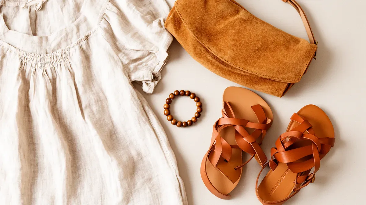 Composition à plat de matières naturelles et accessoires boho chic