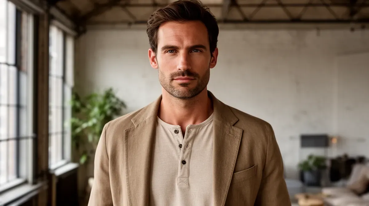 Homme portant un col tunisien sous une veste décontractée, style smart casual