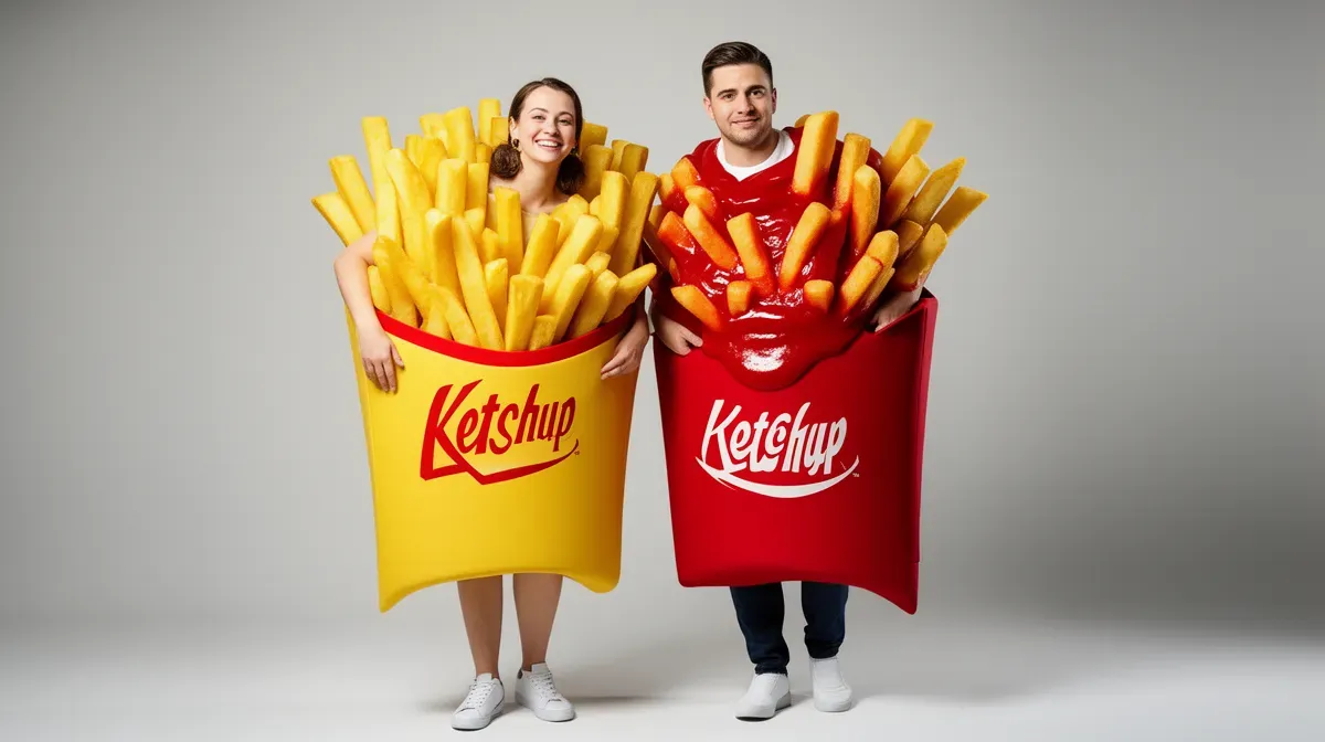 Couple déguisé en frites et ketchup, vue en pied