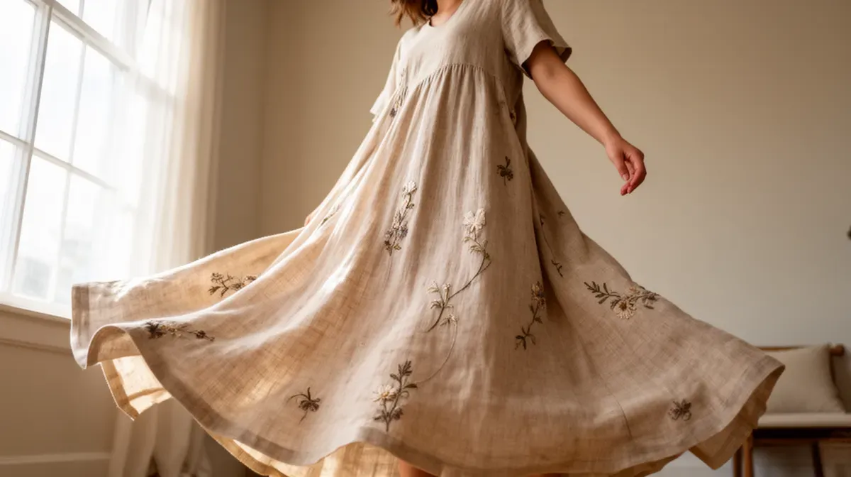 Robe longue fluide en lin avec broderies florales, portée par une femme dans un intérieur lumineux