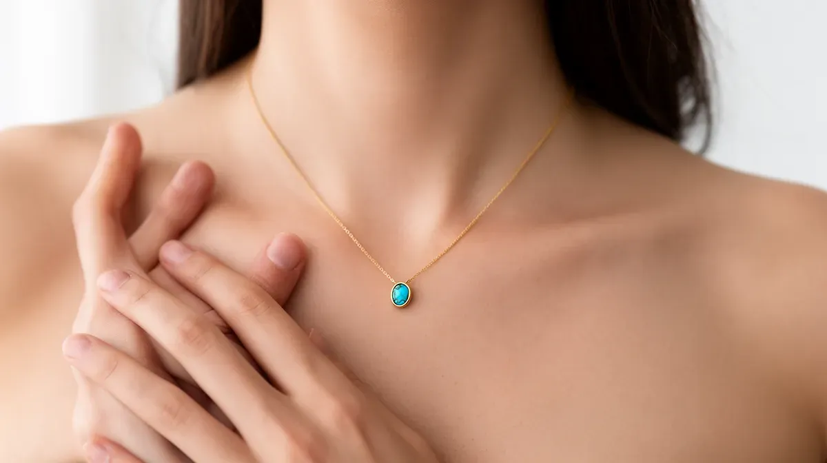 Gros plan sur un collier en or avec pendentif turquoise, accessoire minimaliste pour un look hippie chic