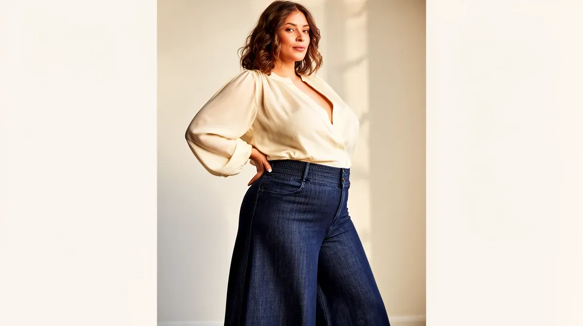 Femme à morphologie en poire portant un pantalon flare taille haute et un chemisier blanc, look hippie chic adapté