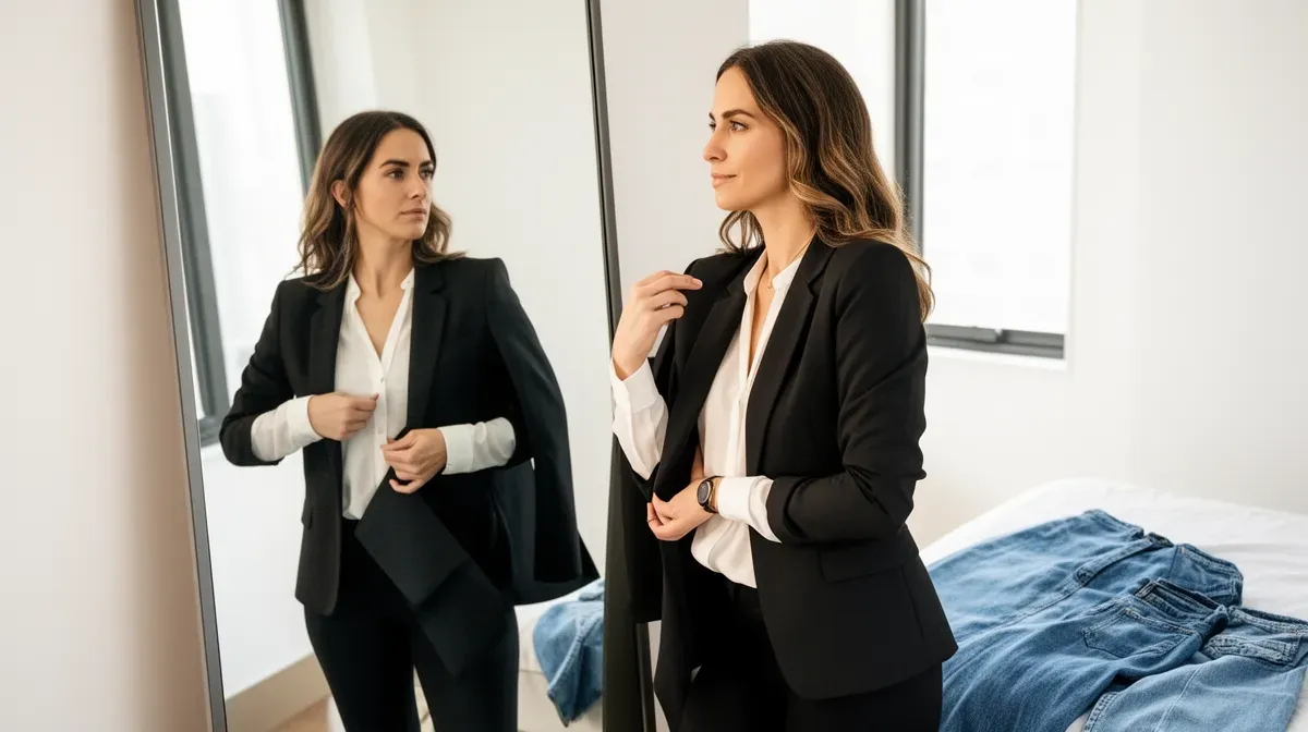 Femme essayant une tenue Lookiero devant un miroir, avec d'autres articles sur le lit