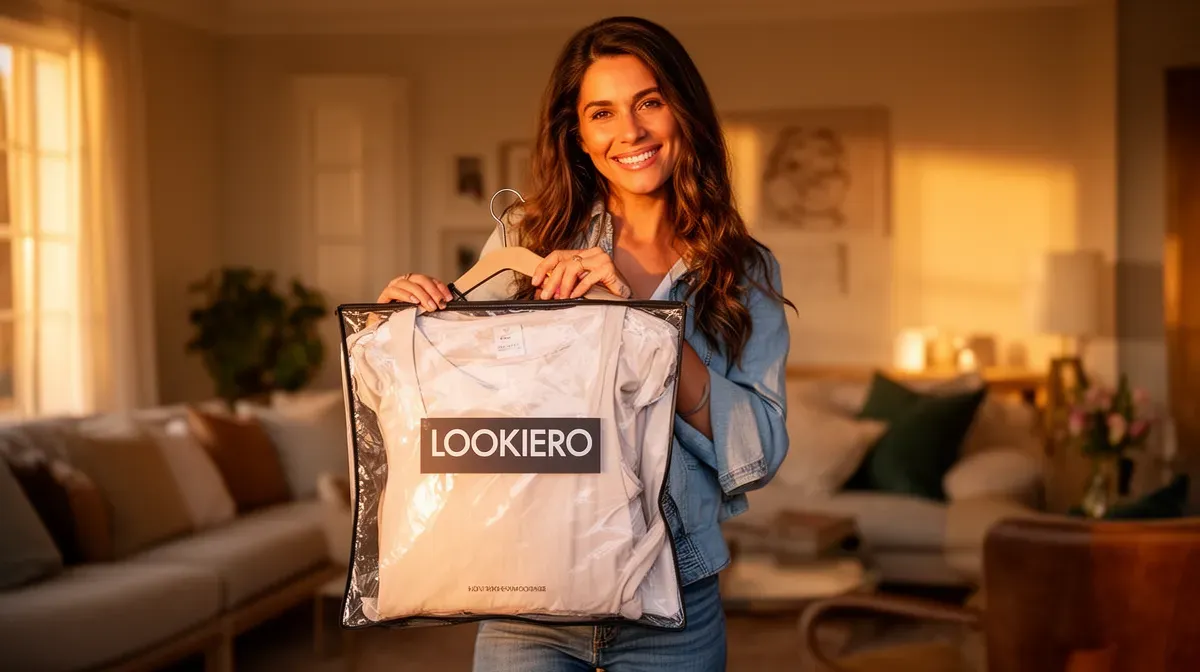 Femme souriante tenant un sac de vêtements Lookiero dans un salon lumineux