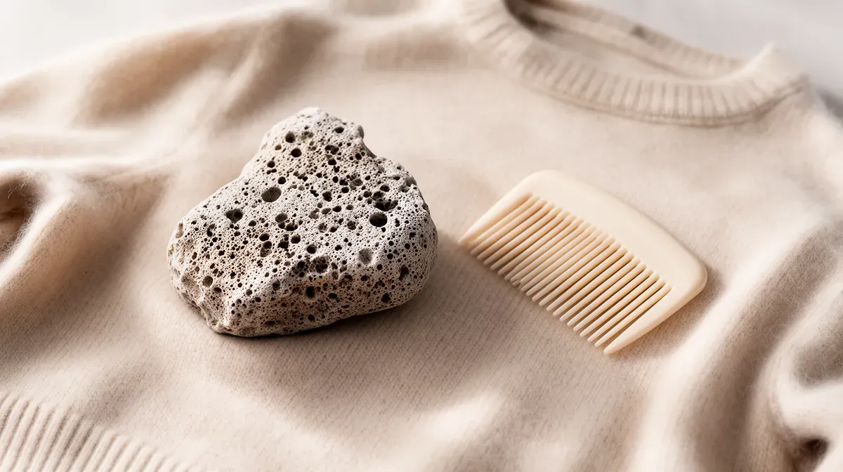 Vue de dessus d'une pierre volcanique et d'un peigne anti-bouloche posés sur un pull en cachemire