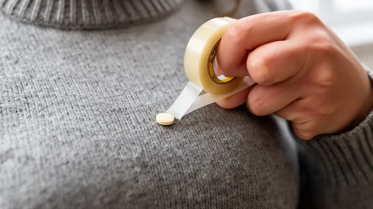 Macro d'une main utilisant du ruban adhésif pour enlever une bouloche sur un pull