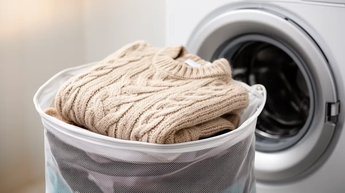 Pull en laine dans un filet de lavage devant une machine à laver, éclairage doux