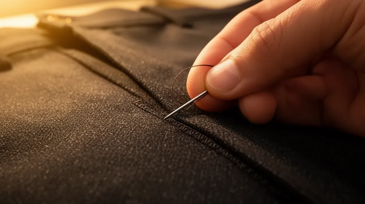 Gros plan sur la couture à la main d'un ourlet invisible sur un pantalon en laine
