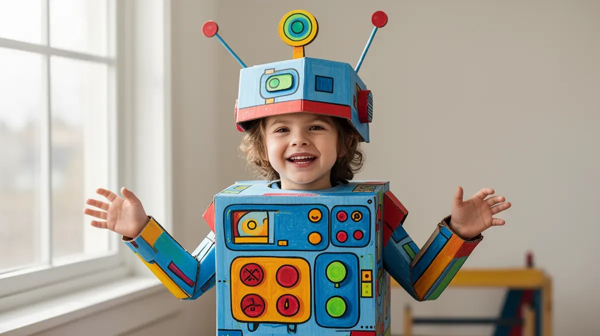 Enfant déguisé en robot avec un costume en carton fait maison
