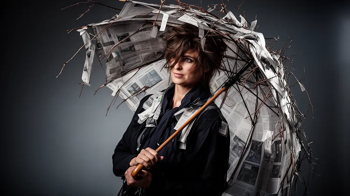 Adulte déguisé en tempête avec un parapluie et des journaux