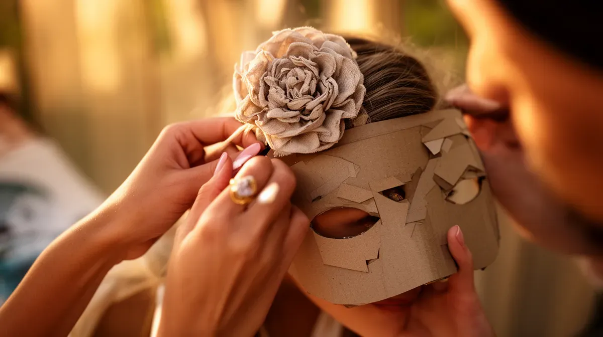 Personne personnalisant son déguisement DIY avec des accessoires faits main