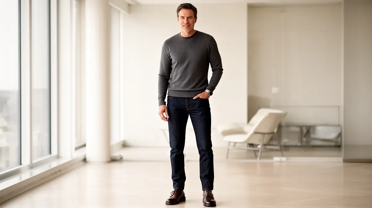 Homme de 40 ans en tenue sobre et bien coupée, évitant les pièges de style