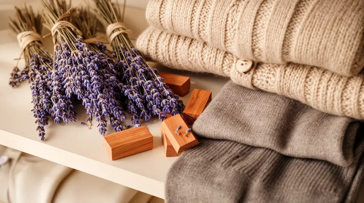 Disposition de sachets de lavande séchée et de blocs de bois de cèdre sur une étagère de dressing pour repousser les mites