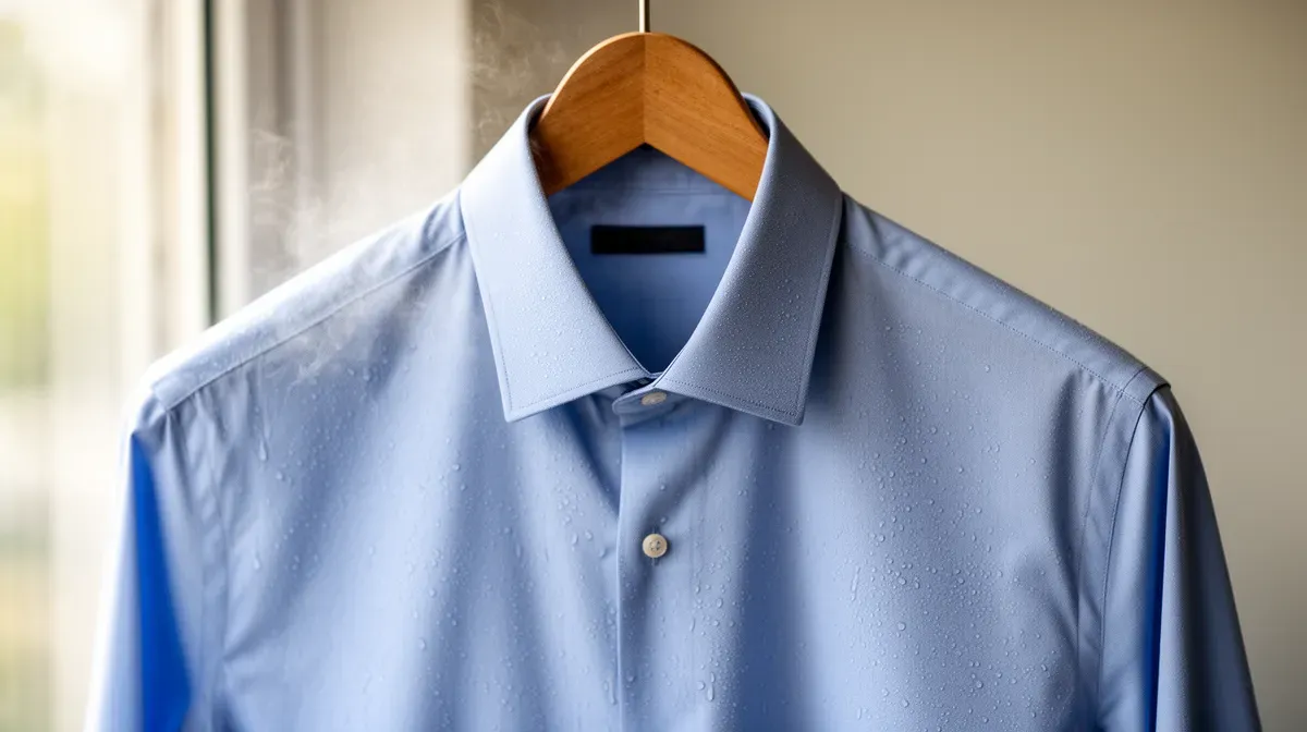 Chemise bleu clair suspendue à un cintre, légèrement humide, prête à être repassée