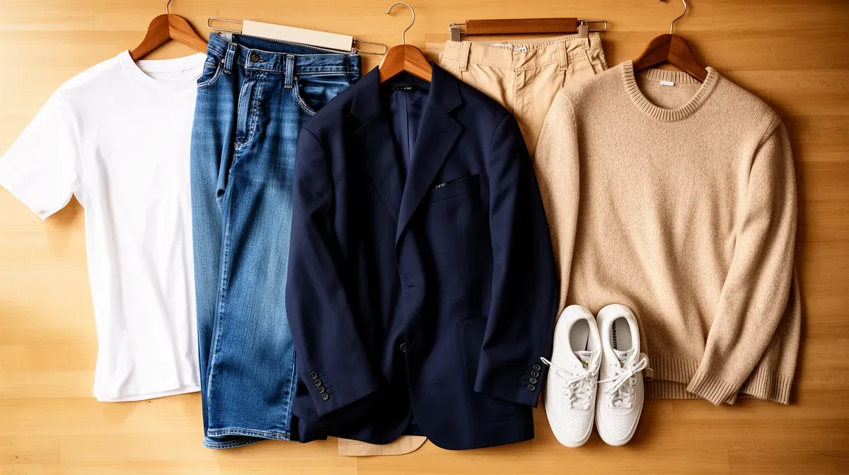 Collection de basiques mode homme : tee-shirt blanc, jean, chino beige, blazer, baskets blanches et pull en laine