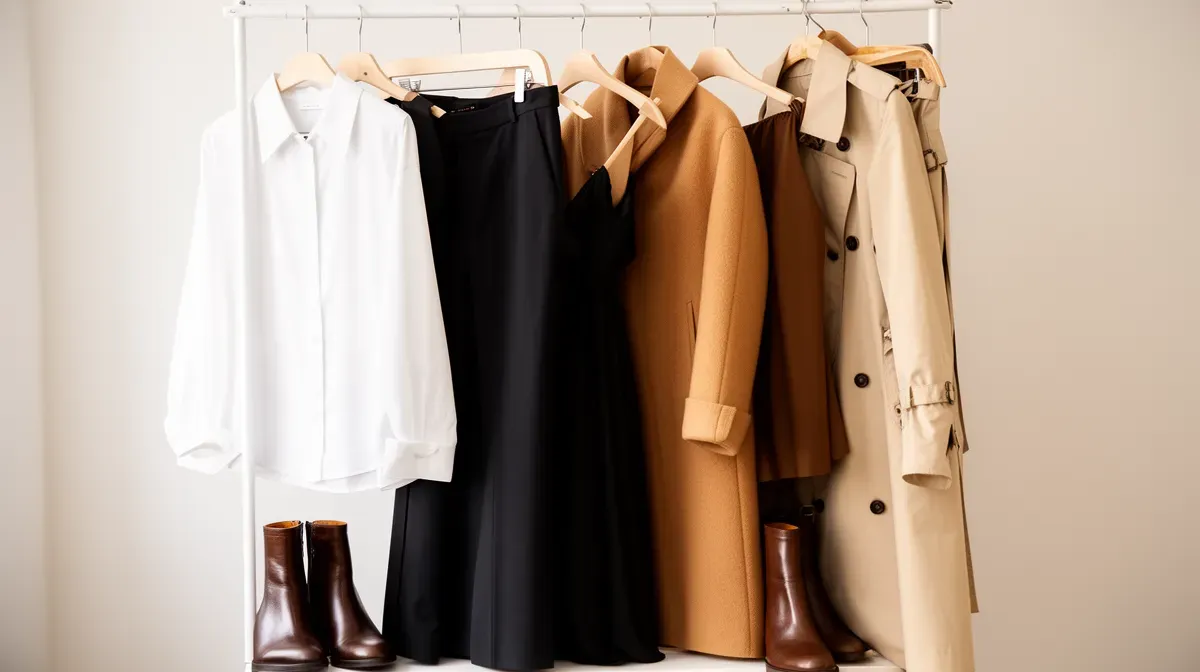 Collection de basiques mode femme : chemisier blanc, pantalon noir, manteau camel, petite robe noire et bottines en cuir