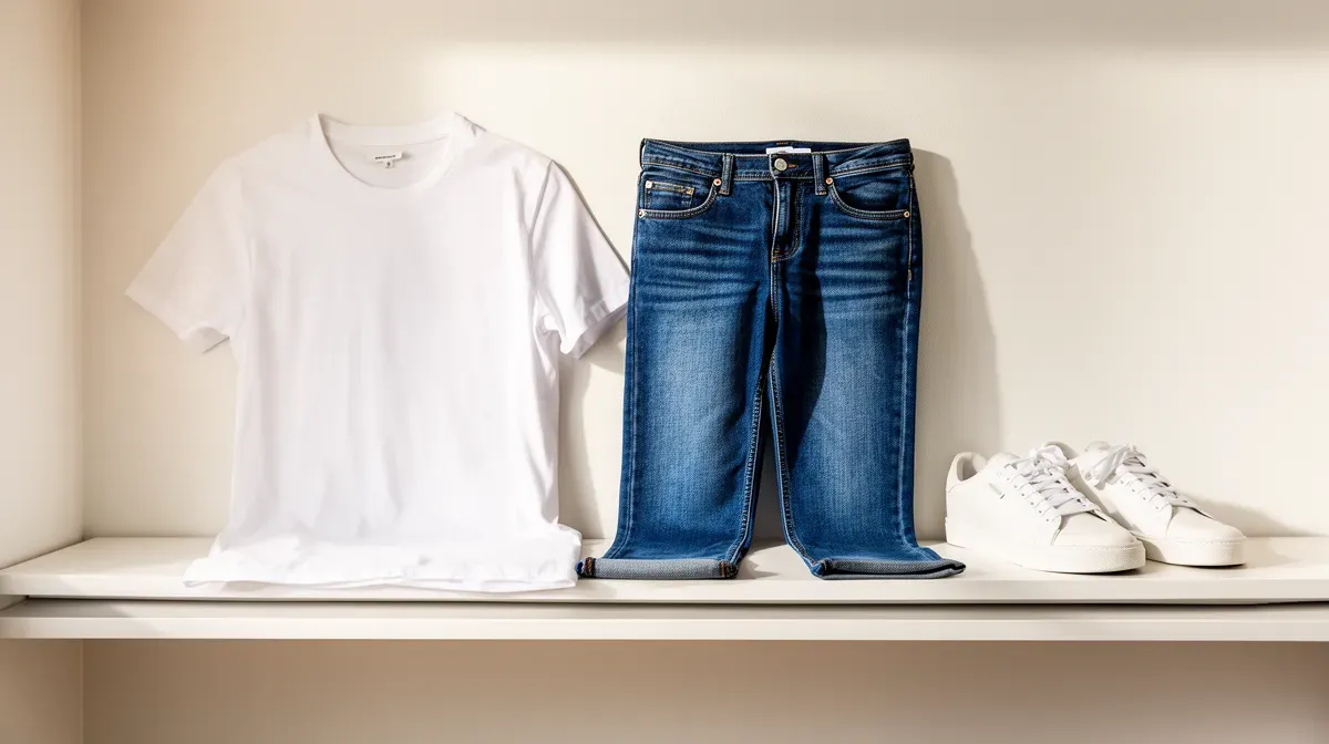 Tenue abordable et basique avec tee-shirt blanc, jean et baskets blanches