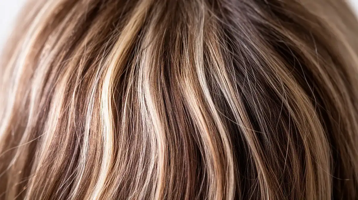 Gros plan sur des mèches de cheveux montrant le dépôt de couleur ton sur ton