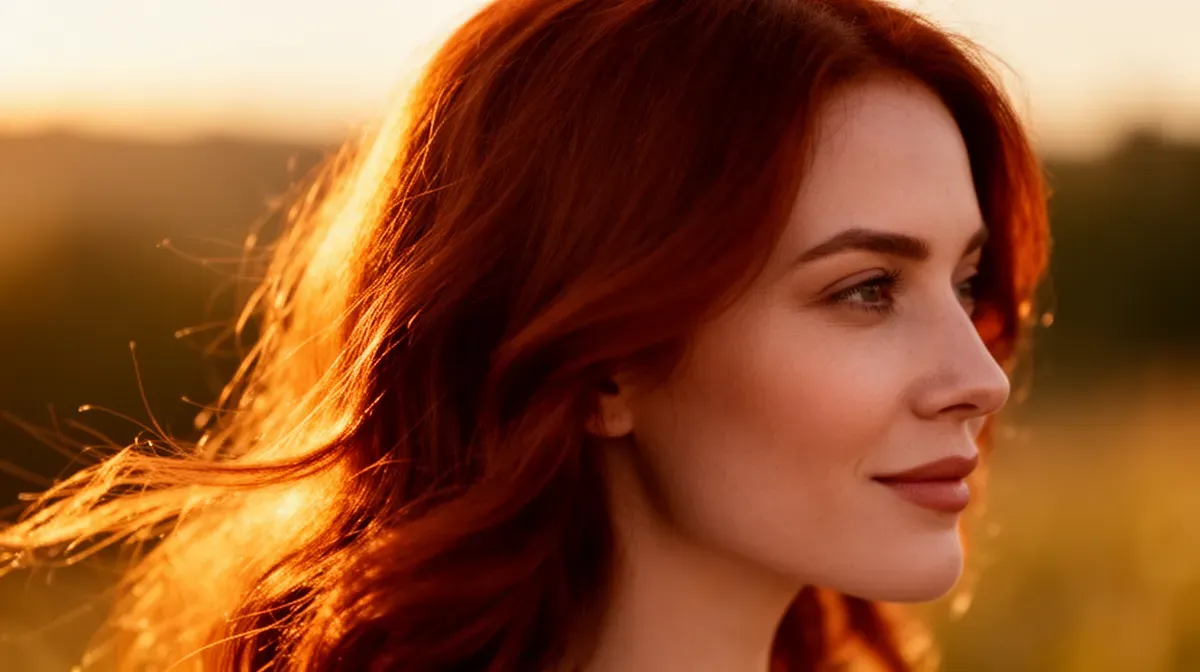 Femme aux cheveux auburn lumineux, exemple de reflet acajou