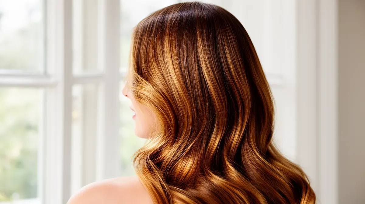 Femme aux cheveux brillants et sains après entretien de la coloration ton sur ton