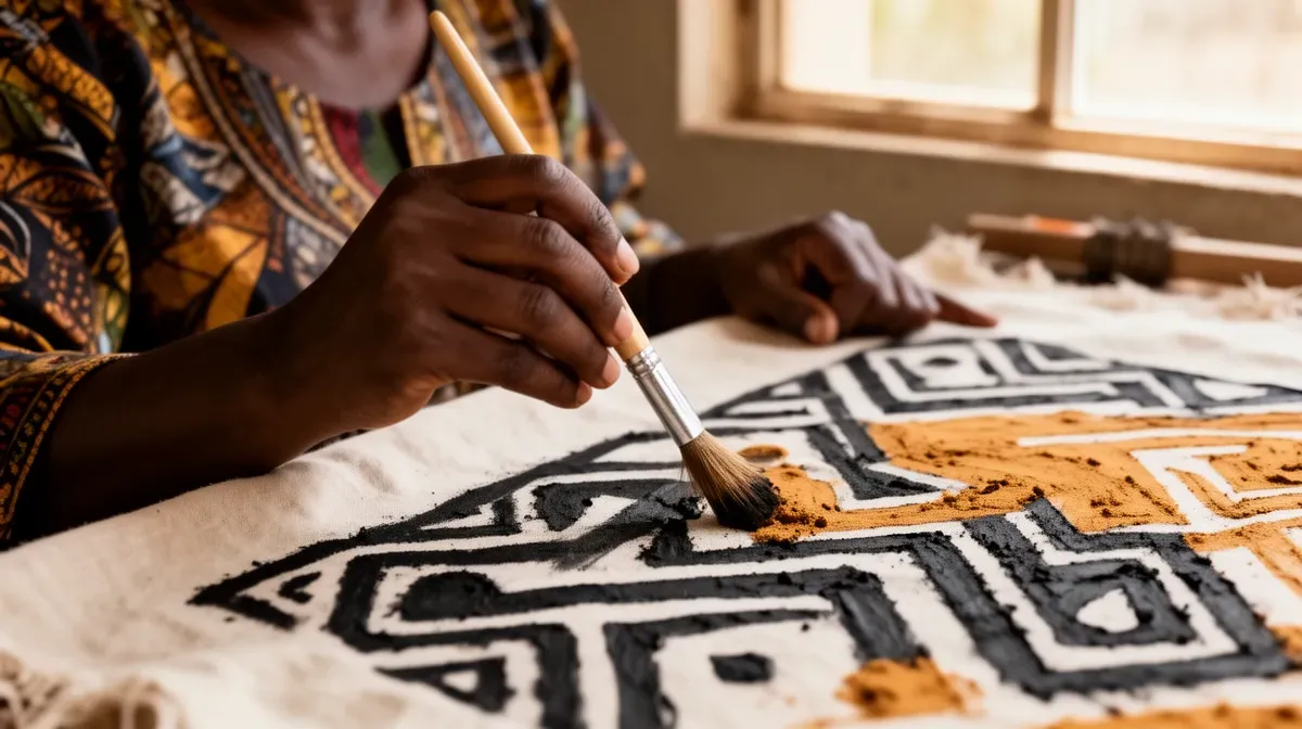 Mains d'une artisane malienne appliquant de la boue fermentée sur un tissu bogolan pour créer des motifs géométriques