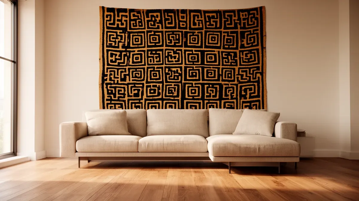 Intérieur moderne avec une tenture murale en tissu bogolan aux motifs géométriques noirs et ocres