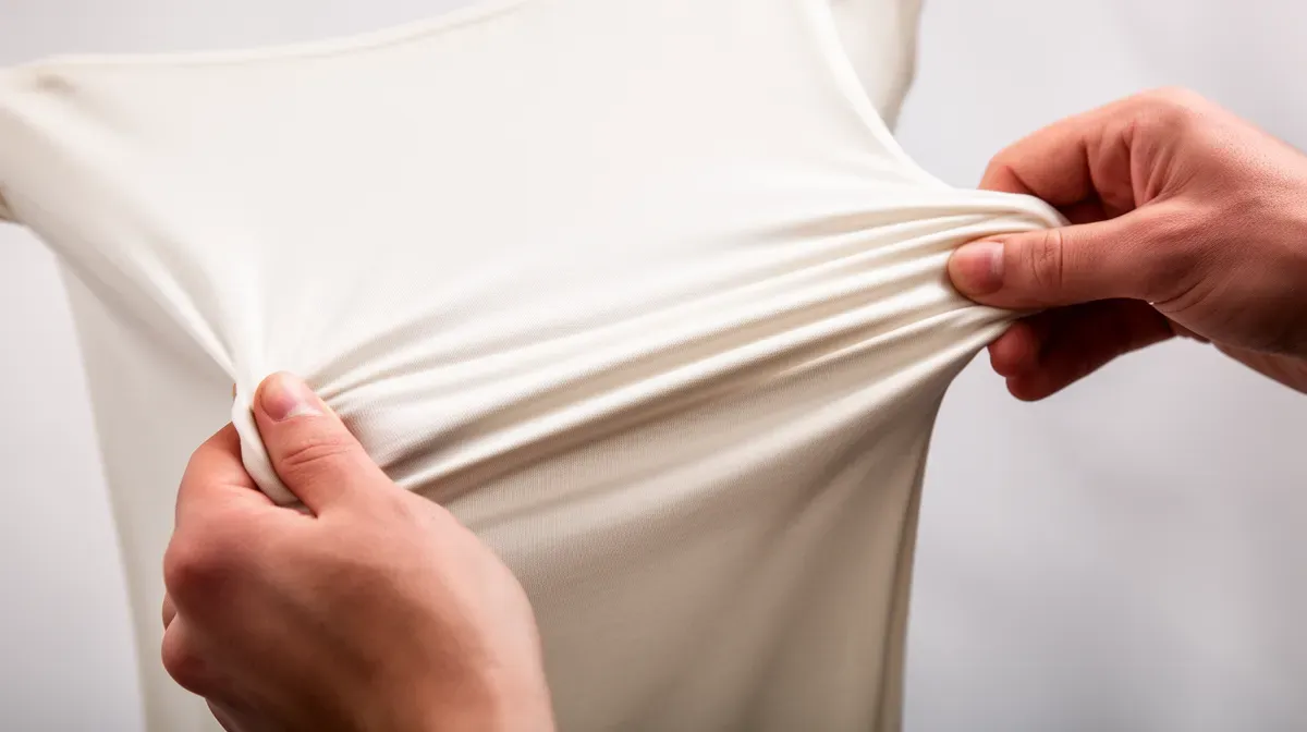 Test d'élasticité d'un tissu jersey pour trouver le droit fil, les mains tirent le tissu dans deux directions