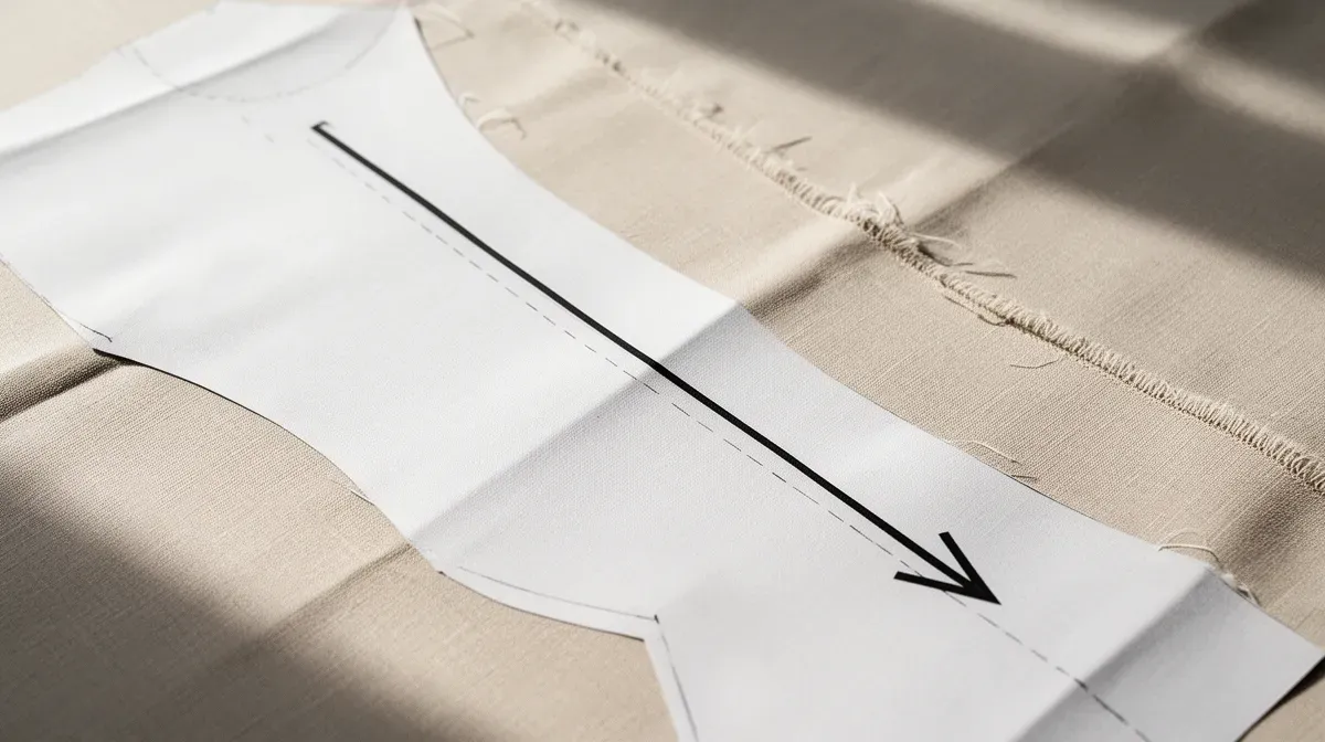 Patron de couture avec flèche de droit fil placée parallèlement à la lisière du tissu