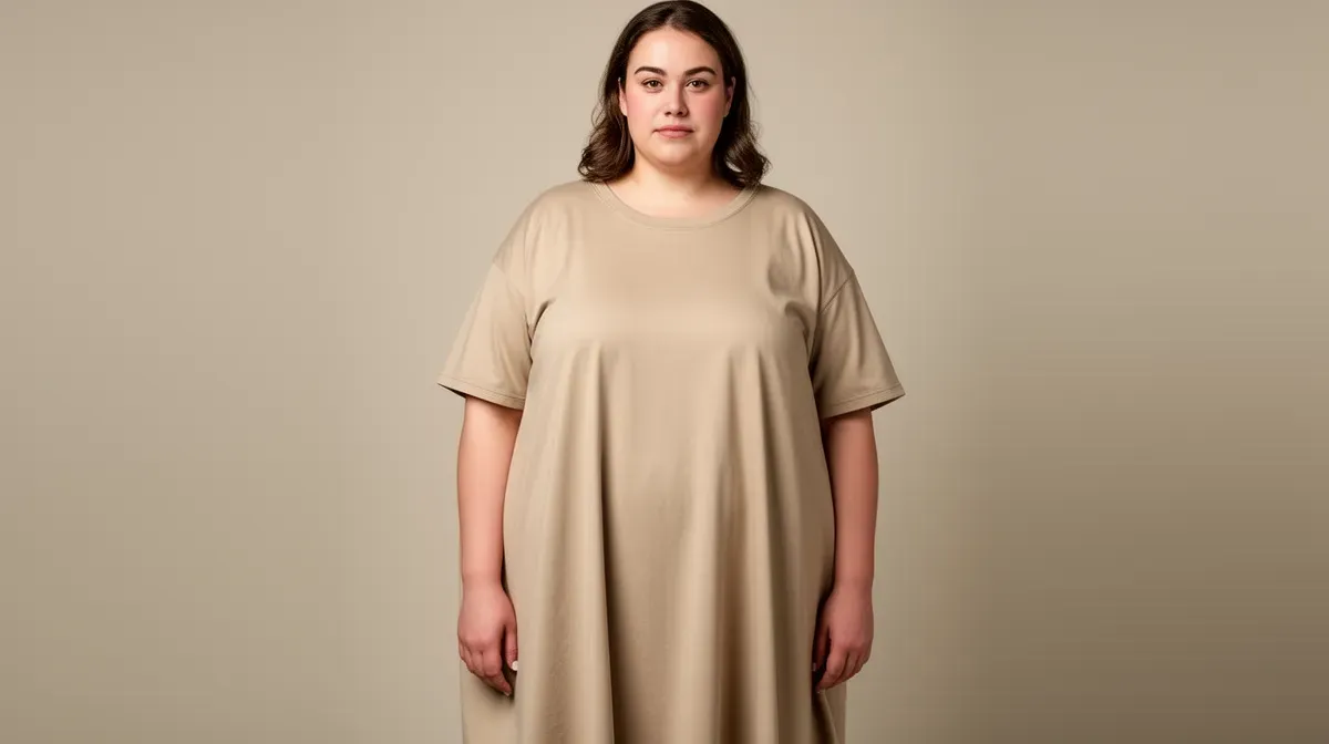Femme aux formes portant une robe oversize qui ajoute du volume à la silhouette, illustration d'une erreur de style