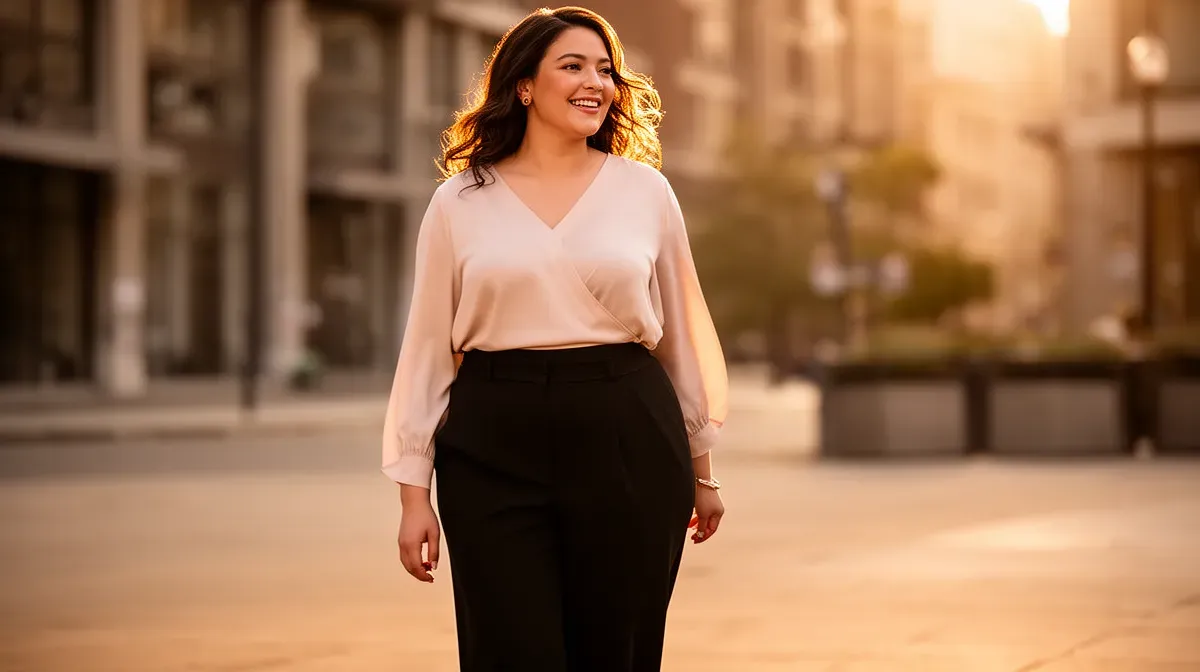 Femme aux formes portant un chemisier en V et un pantalon taille haute, tenue élégante et flatteuse en extérieur
