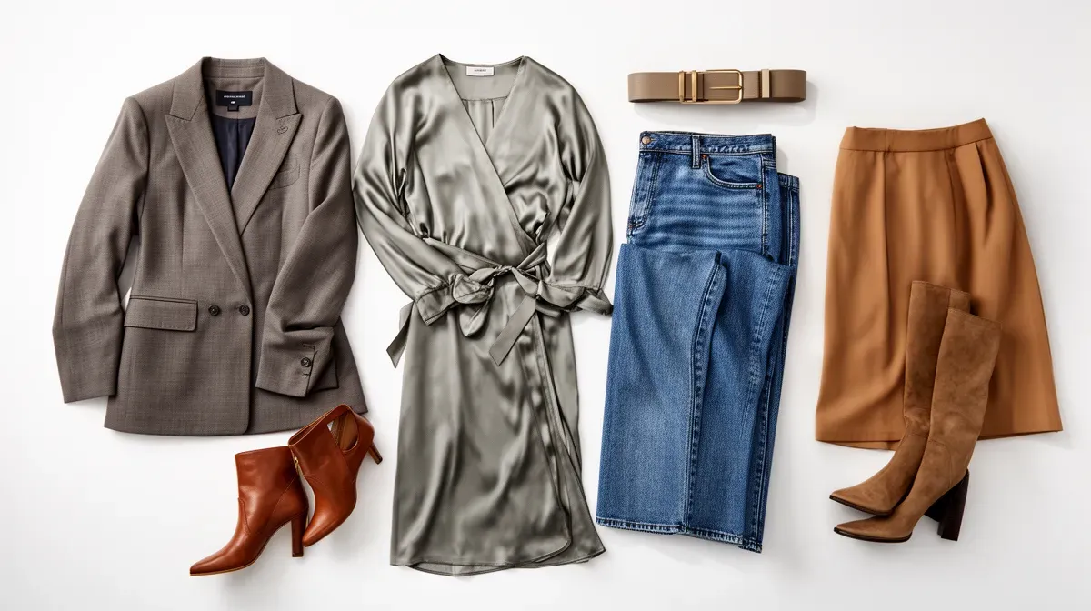 Composition à plat de sept pièces essentielles de garde-robe pour femmes aux formes : blazer, robe portefeuille, jean taille haute, chemisier en soie, jupe midi, ceinture, bottines à talons