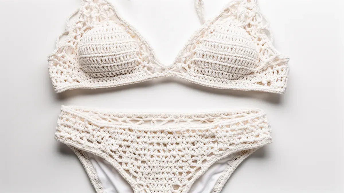 Maillot de bain crochet posé à plat montrant les détails de la maille