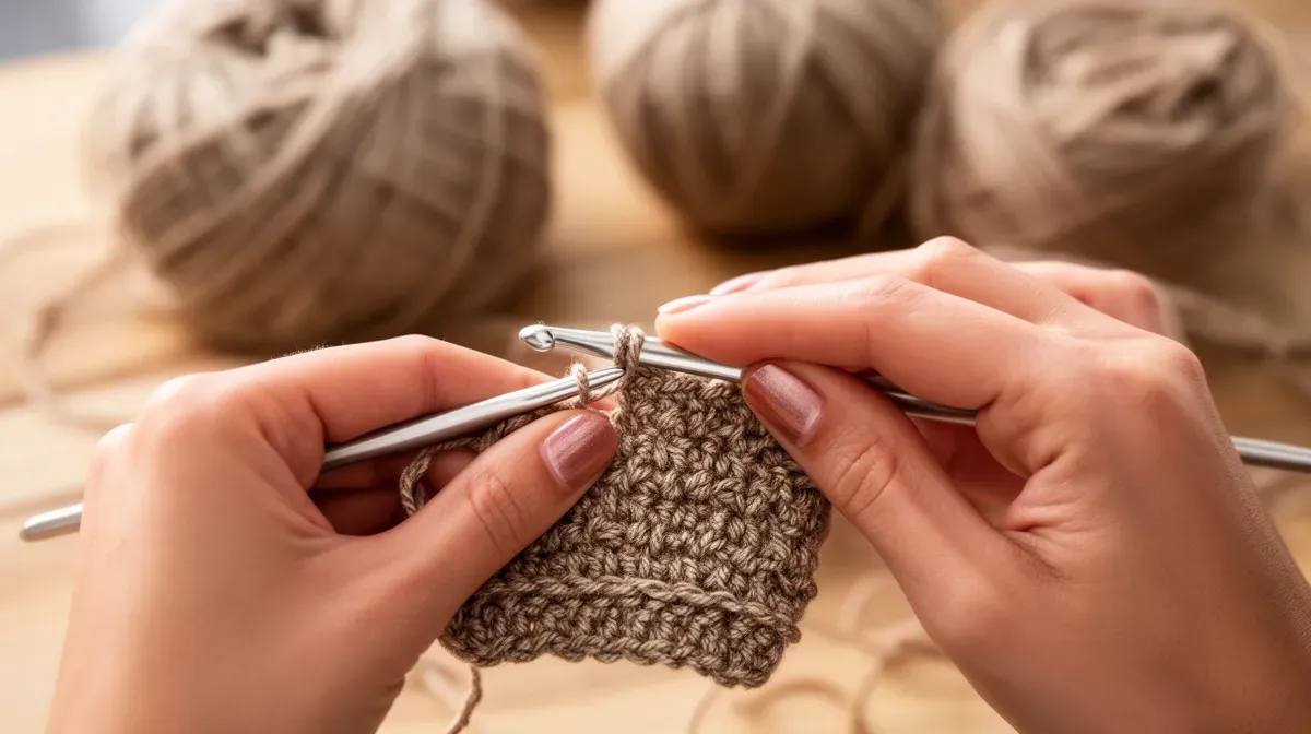 Mains en train de crocheter un morceau de tissu