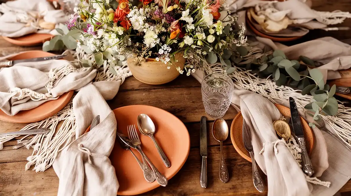 Vue de dessus d'une table de mariage bohème chic avec vaisselle chinée et centre de table fleuri