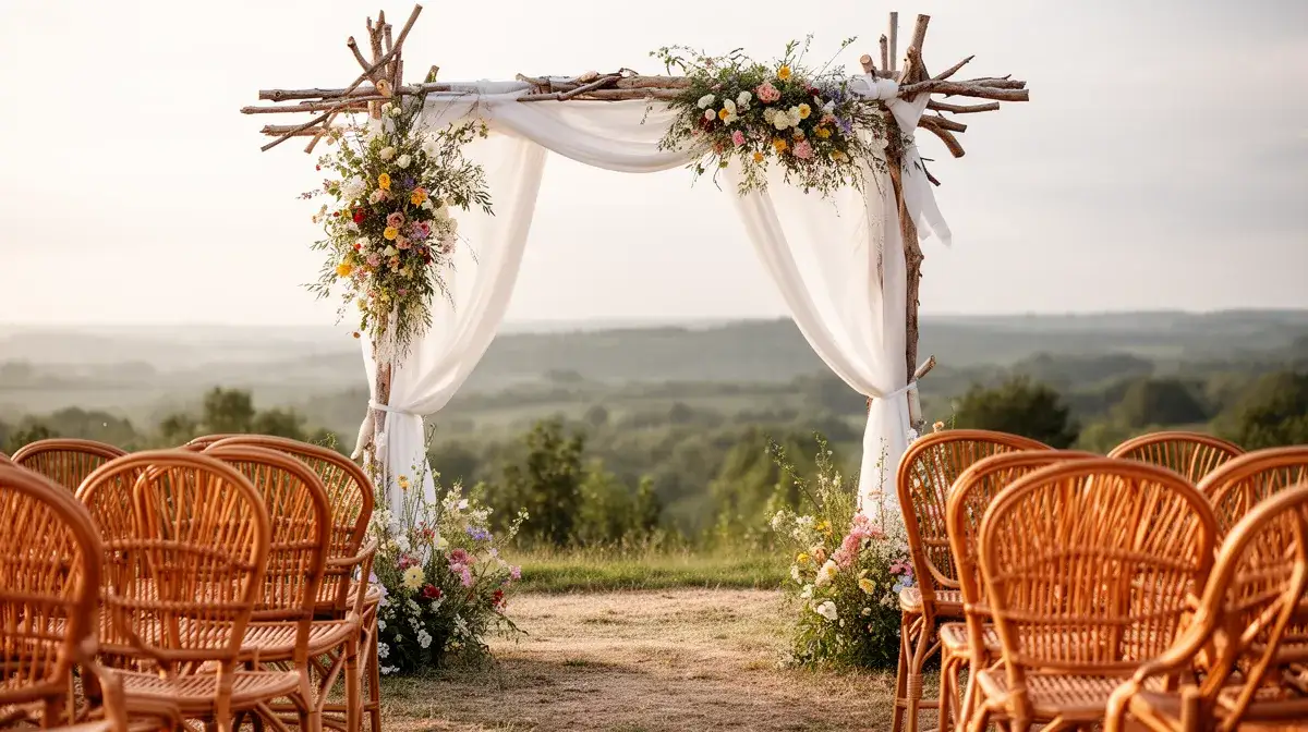 Arche de cérémonie bohème chic en bois et lin, décorée de fleurs sauvages dans un jardin