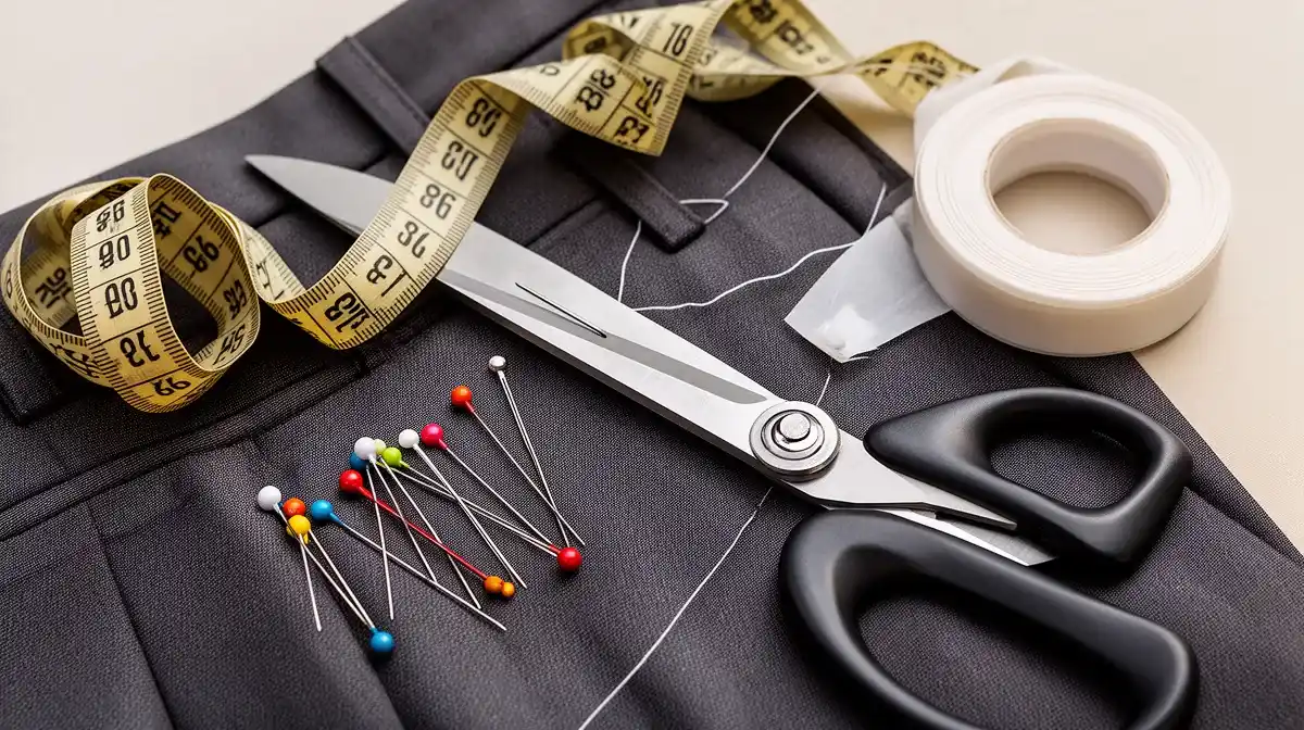 Vue de dessus du matériel nécessaire pour faire un ourlet de pantalon