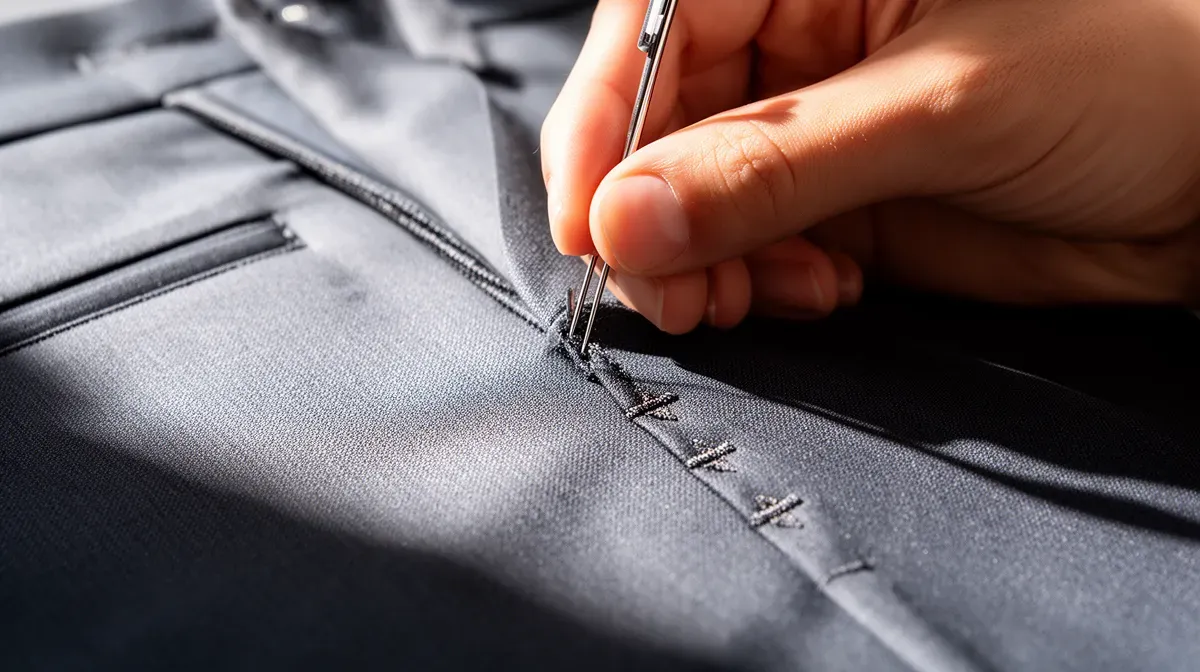 Gros plan sur une aiguille cousant un ourlet invisible à la main sur un pantalon