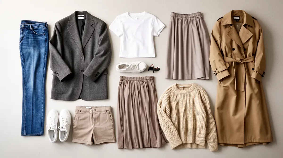 Flat lay des 10 pièces essentielles pour un casual style 2026