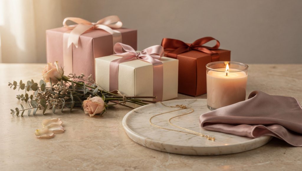 Table de cadeaux pour femme : coffrets emballés de rubans, bougie parfumée, foulard en soie et collier doré