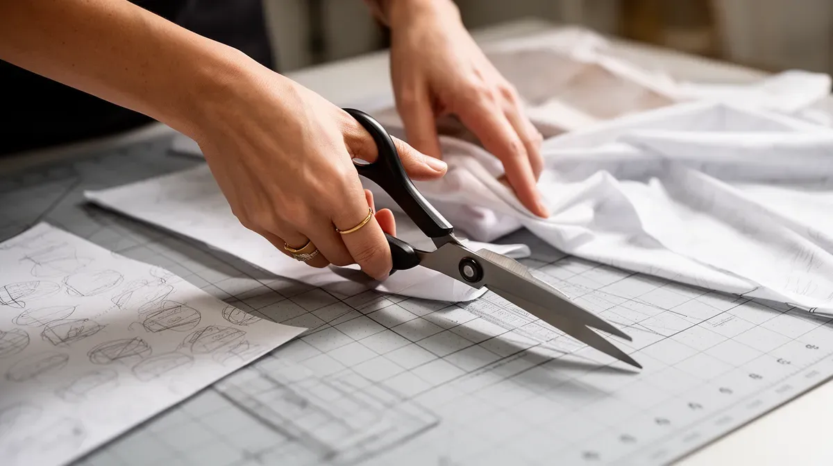 Mains d'une couturière découpant du tissu avec des ciseaux sur un tapis de coupe