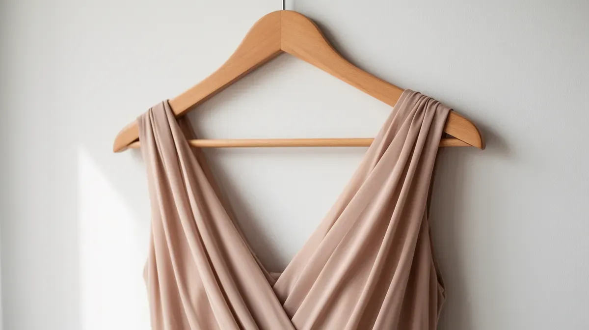 Slip dress en satin suspendue à un cintre en bois, ambiance minimaliste