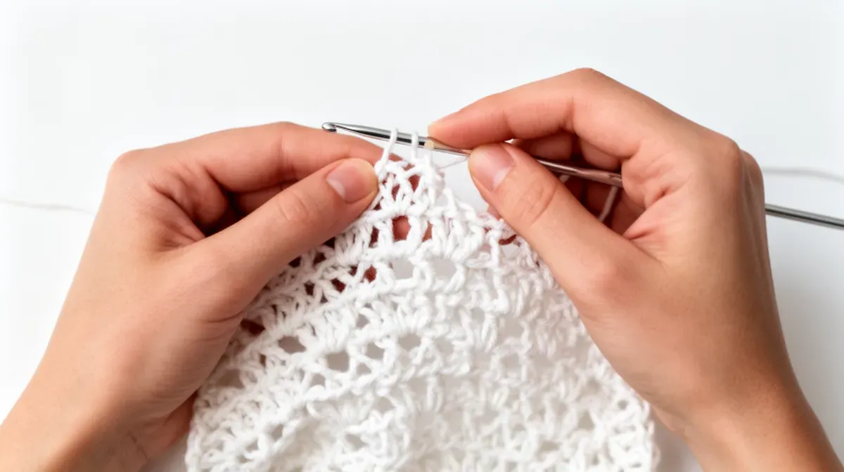 Mains en train de crocheter un point de bride avec du fil blanc