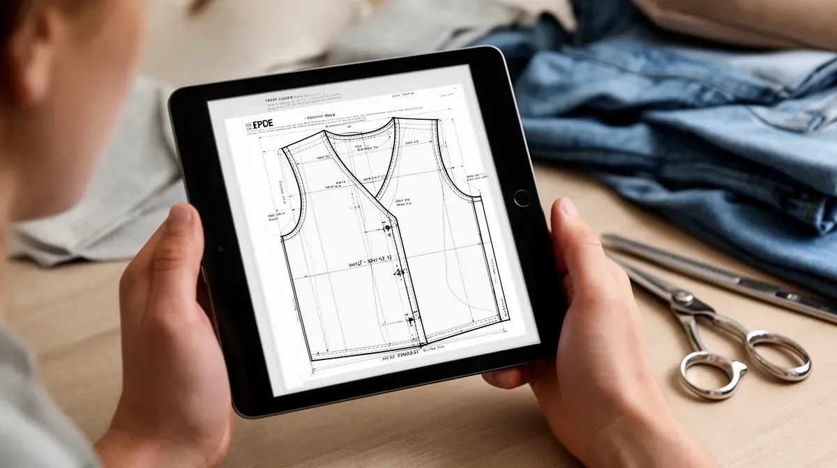 Mains tenant une tablette avec un patron de couture PDF pour gilet sans manche