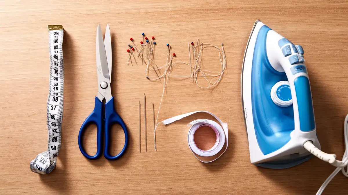 Vue de dessus des outils de couture nécessaires pour réaliser un ourlet de pantalon sans machine : mètre ruban, ciseaux, épingles, aiguille et fil, fer à repasser et ruban thermocollant.