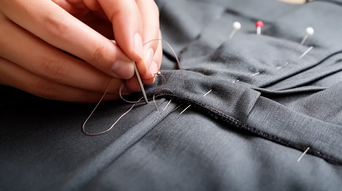 Gros plan sur une main réalisant un point invisible à l'aiguille sur l'ourlet d'un pantalon, avec le tissu plié et épinglé, dans une lumière naturelle douce.