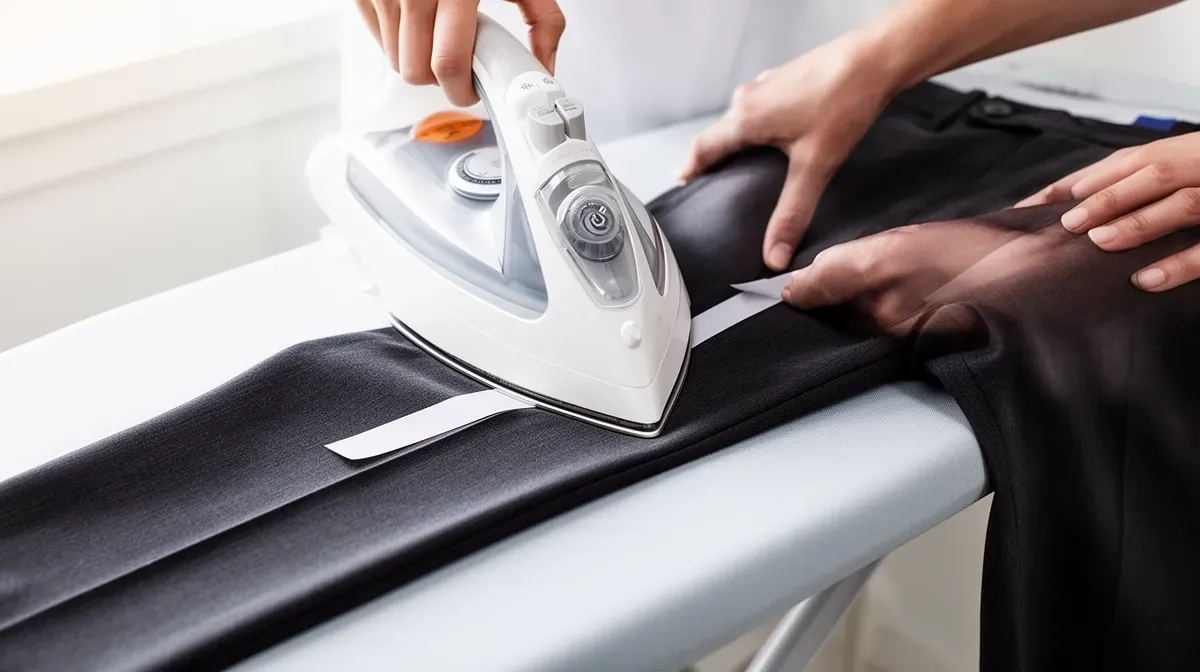 Photographie d'une personne utilisant un fer à repasser pour fixer un ruban thermocollant sur l'ourlet d'un pantalon, avec une planche à repasser en arrière-plan.