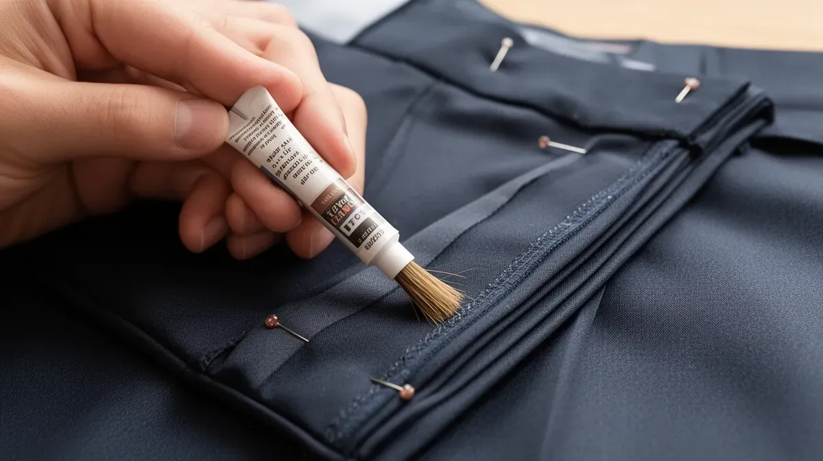 Gros plan sur une personne appliquant de la colle textile à l'intérieur de l'ourlet d'un pantalon à l'aide d'un petit pinceau, avec le tissu plié et épinglé.