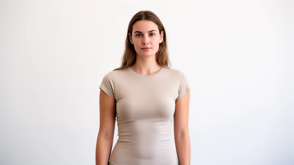 Femme de morphologie A (hanches plus larges que les épaules) vue de face en sous-vêtements