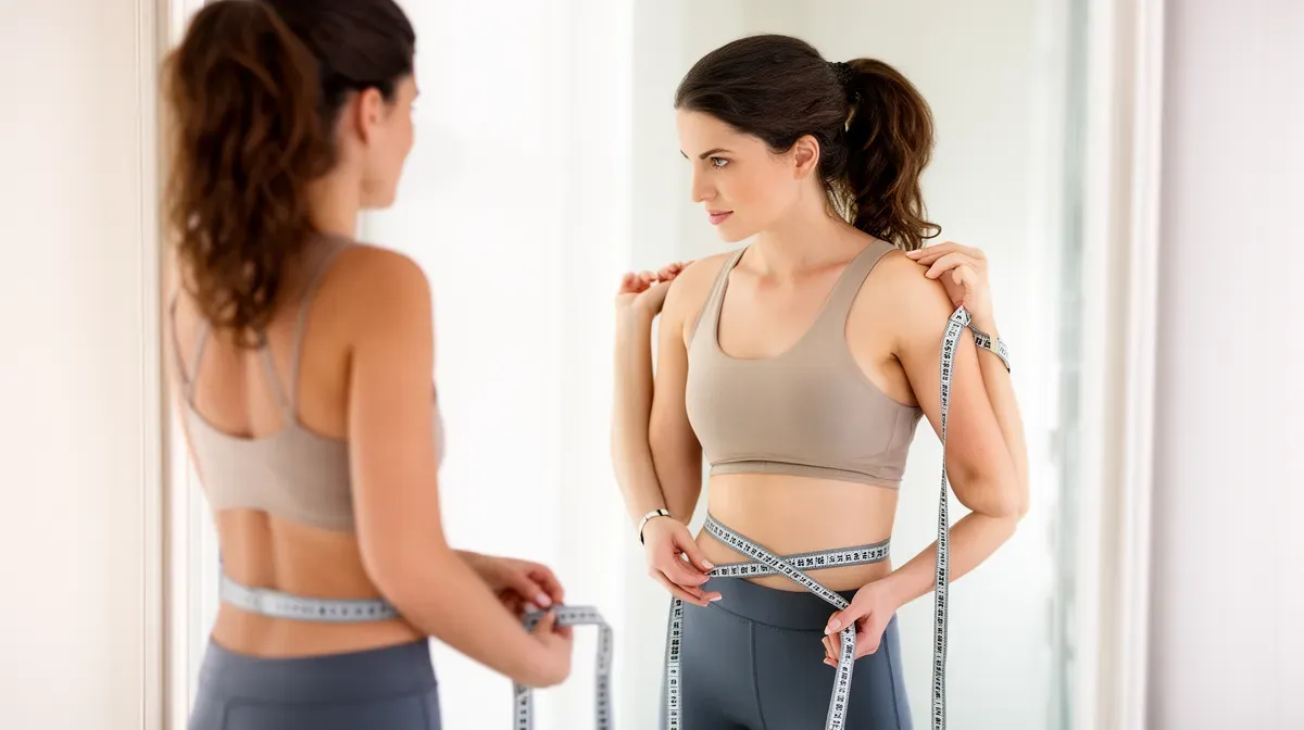 Femme prenant ses mensurations (épaules, taille, hanches) avec un mètre ruban devant un miroir